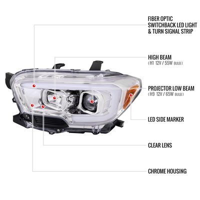 2016-2023 Toyota Tacoma Switchback LED C-Bar Projector Headlights Chrome/Clear