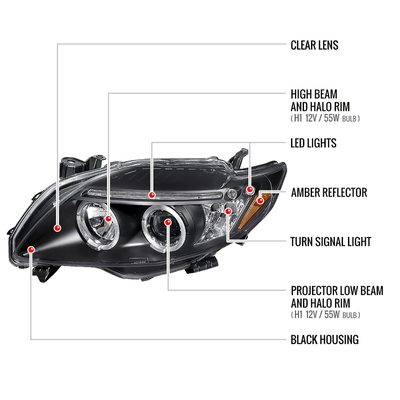 2009-2010 Toyota Corolla Dual Halo Projector Headlights Matte Black/Clear Lens