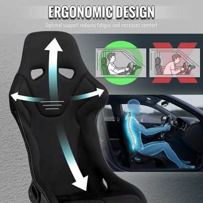 Universal Bucket Racing Seat Fiber Glass Black Suede Double Silver Stitch