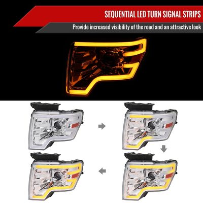 2009-2014 Ford F-150 Sequential LED Turn Signal Projector Headlights Chrome