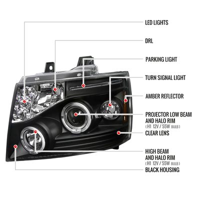 2007-2013 Chevy Avalanche/ 07-2014 Tahoe Suburban Dual Halo Headlights Black