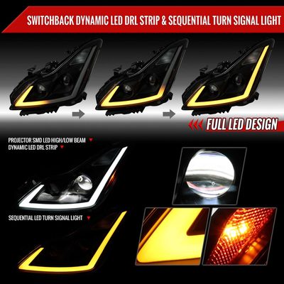 For Infiniti G37 2008-13 / Q60 Coupe 2014-15 LED Projector Headlights Sequential Matte Black Smoked Lens Switchback