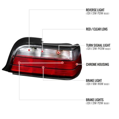 1992-1998 BMW E36 3 Series Coupe/Convertible Tail Lights Chrome/Red Clear Lens