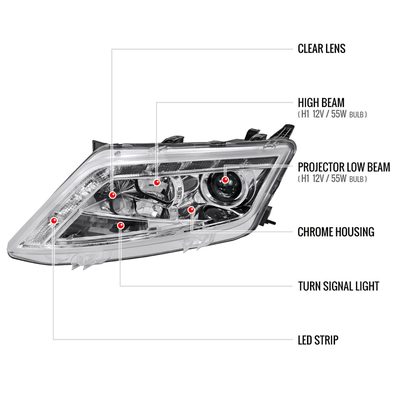 2010-2012 Ford Fusion Projector Headlights w/ LED Light Strip Chrome/Clear