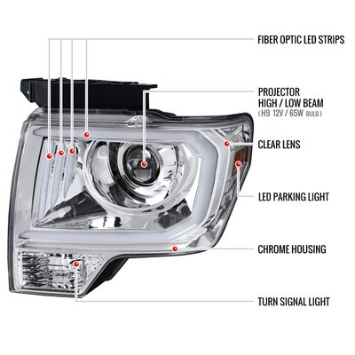 2009-2014 Ford F-150 LED C-Bar Projector Headlights Chrome/Clear Lens