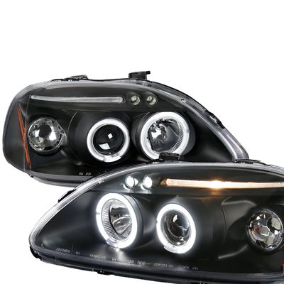 1996-1998 Honda Civic Dual Halo Projector Headlights Matte Black/Clear Lens