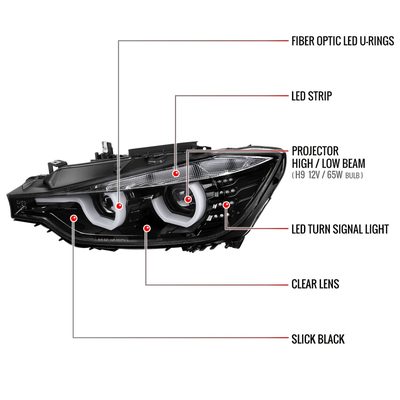 2012-2015 BMW F30 3 Series Sedan Dual U-Bar Headlights LED Signal Lights Jet Black