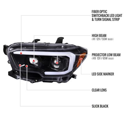 2016-2023 Toyota Tacoma Switchback LED C-Bar Projector Headlights Glossy Black