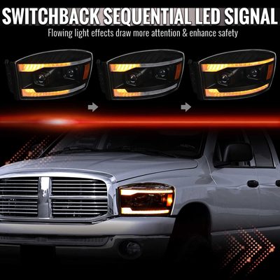 For Dodge RAM 1500 2006-08 / RAM 2500 3500 2006-09 Headlights Switchback Amber LED Strips Turn Signals DRL Black Housing Clear Lens