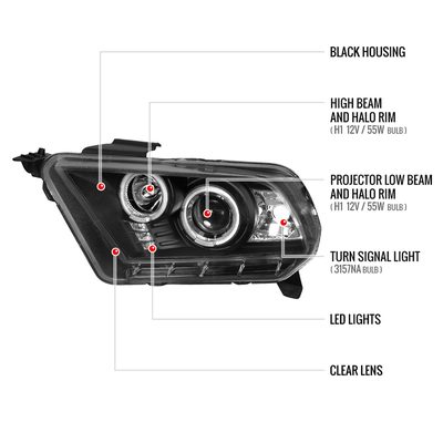 2010-2014 Ford Mustang Dual Halo Projector Headlights Matte Black/Clear Lens