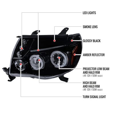 2005-2011 Toyota Tacoma Dual Halo Projector Headlights Glossy Black/Smoke Lens