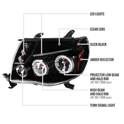 2005-2011 Toyota Tacoma Dual Halo Projector Headlights Jet Black/Clear Lens