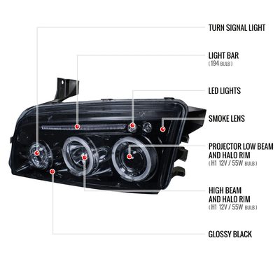2005-2010 Dodge Charger Dual Halo Projector Headlights Glossy Black/Smoke Lens