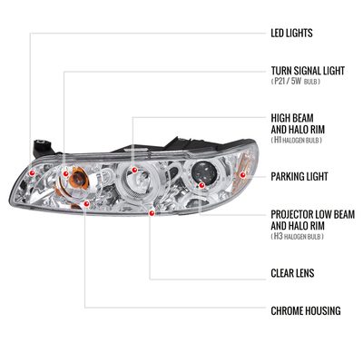 1997-2003 Pontiac Grand Prix Dual Halo Projector Headlights Chrome/Clear Lens