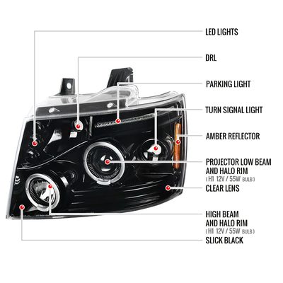 2007-2013 Chevy Avalanche/ 07-2014 Tahoe Suburban Dual Halo Headlights Jet Black