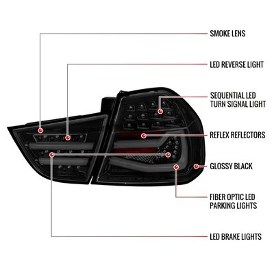 2009-2011 BMW E90 3-Series 4Dr Sedan Red LED Tail Light Glossy Black/Clear
