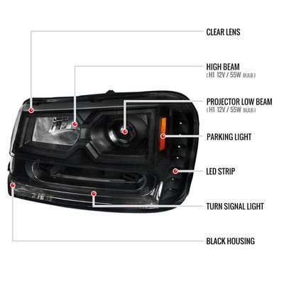 2002-2009 Chevy Trailblazer Projector Headlights LED Light Strip Matt Black