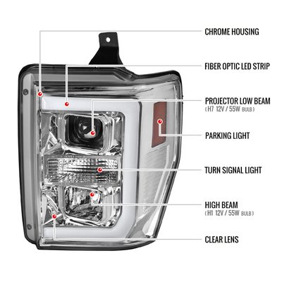 2008-2010 Ford F-250 F-350 F-450 LED C-Bar Projector Headlight Chrome/Clear