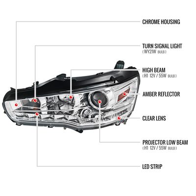 2008-2015 Mitsubishi Lancer EVO Projector Headlights SMD LED Light Chrome
