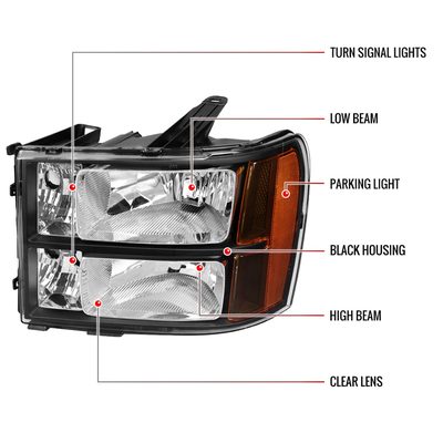 2007-2014 GMC Sierra Factory Style Headlights Matte Black Housing/Clear Lens