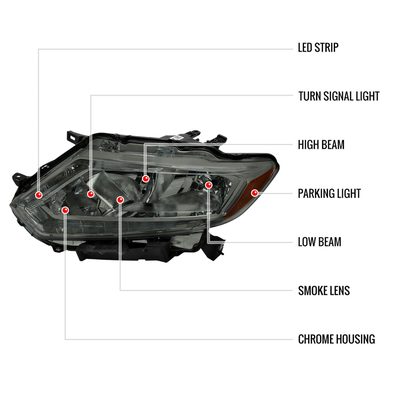 2014-2016 Nissan Rogue LED Strip Factory Style Headlights Chrome/Smoke Lens
