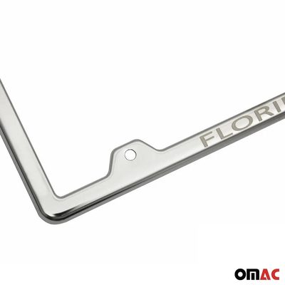 FLORIDA Print License Plate Frame Tag Holder Chrome S. Steel Set 2 Pcs.