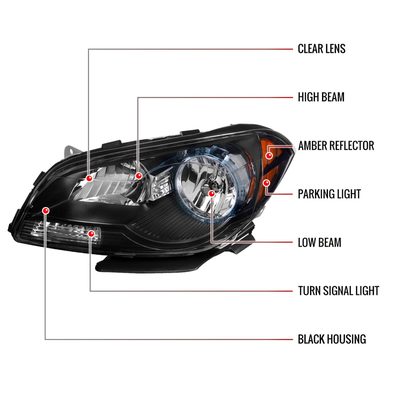 2008-2012 Chevy Malibu LS/LT/LTZ Crystal Headlights Amber Reflectors Black