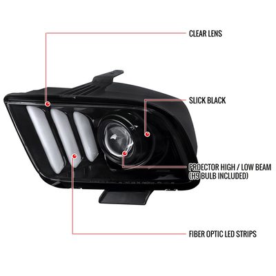 2005-2009 Ford Mustang LED Bar Projector Headlights Jet Black/Clear Lens