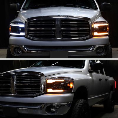 For Dodge RAM 1500 2006-08 / RAM 2500 3500 2006-09 Headlights LED Strip Turn Signal DRL Startup Animation Black Housing Smoked Lens