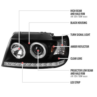 2002-2005 Ford Explorer Dual Halo Projector Headlights Matte Black/Clear Lens