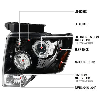 2009-2014 Ford F-150 Dual Halo Projector Headlights Jet Black/Clear Lens
