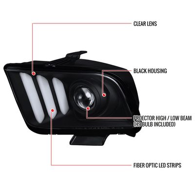 2005-2009 Ford Mustang LED Bar Projector Headlights Matte Black/Clear Lens