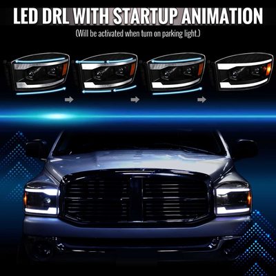 For Dodge RAM 1500 2006-08 / RAM 2500 3500 2006-09 Headlights LED Strip Turn Signals DRL Startup Animation Black Housing Clear Lens