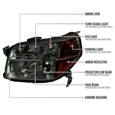 2006-2008 Honda Pilot Projector Style Headlights Chrome Housing/Smoke Lens