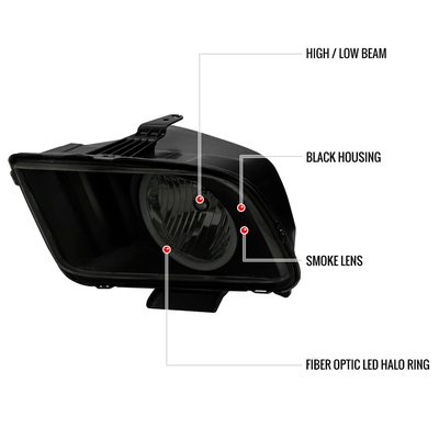 2005-2009 Ford Mustang LED Halo Factory Style Headlights Matte Black/Smoke