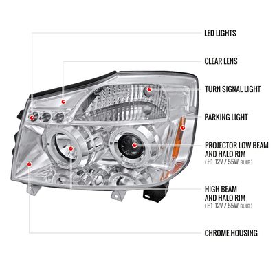 2004-2015 Nissan Titan/ 2004-2007 Armada Dual Halo Projector Headlights Chrome