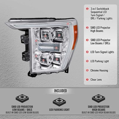 For Ford F-150 2021-2023 Full LED Projector Headlights Sequential DRL Chrome Clear Halogen Fit