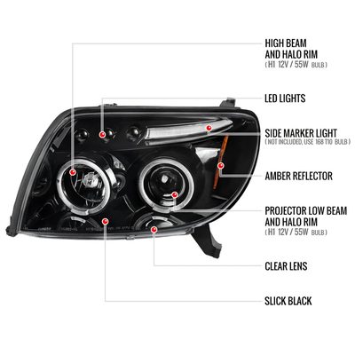 2003-2005 Toyota 4Runner Dual Halo Projector Headlights Jet Black/Clear Lens