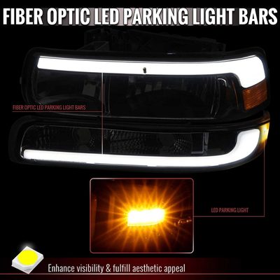 For Chevrolet Silverado Tahoe Suburban 1999-2002 LED Bar Style Headlights Bumper Light Chrome Housing Smoked Lens