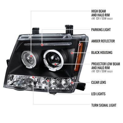 2005-2015 Nissan Xterra Dual Halo Projector Headlights Matte Black/Clear Lens