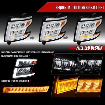 For Chevrolet Tahoe 2015-2020 Full LED DRL Sequential Headlights Chrome Housing Clear Lens