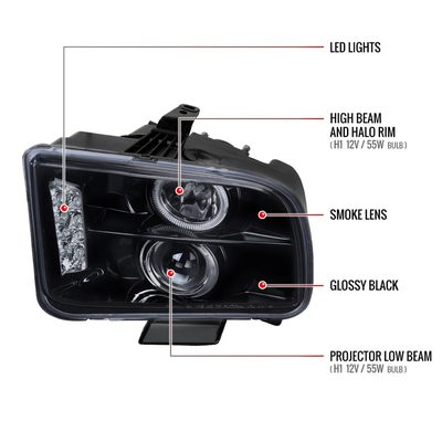2005-2009 Ford Mustang Halo Projector Headlights LED Light Strip Black/Smoke
