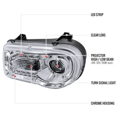 2005-2010 Chrysler 300 Projector Headlights w/ LED Light Strip Chrome/Clear