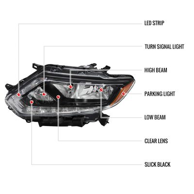 2014-2016 Nissan Rogue LED Strip Factory Style Headlights Matte Black/Clear