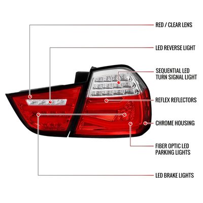 2009-2011 BMW E90 3-Series 4Dr Sedan Red LED Tail Light Chrome/Red Clear Lens