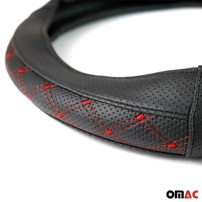 14.5-15.5’’ Steering Wheel Cover Red Stitches Leather Anti-slip Breathable