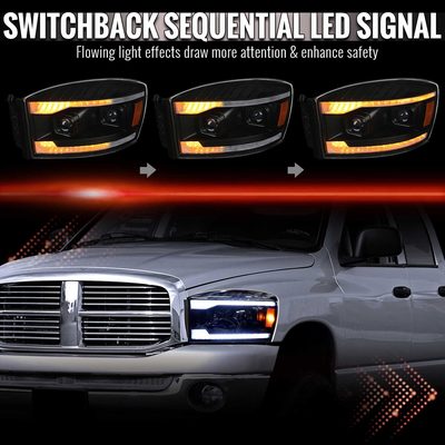 For Dodge RAM 1500 2006-08 / RAM 2500 3500 2006-09 Headlights LED Strip Turn Signals DRL Startup Animation Black Housing Clear Lens