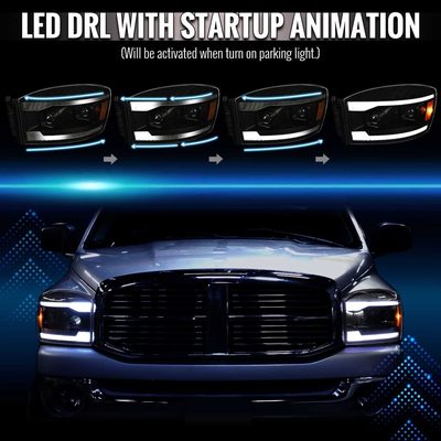 For Dodge RAM 1500 2006-08 / RAM 2500 3500 2006-09 Headlights LED Strip Turn Signal DRL Startup Animation Black Housing Smoked Lens