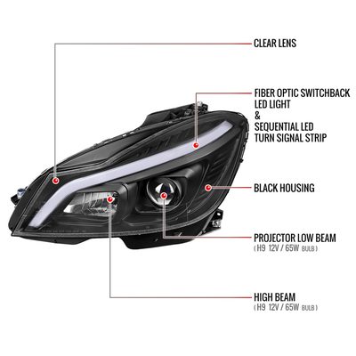 2012-2014 Mercedes-Benz W204 C-Class LED Bar Projector Headlights Black