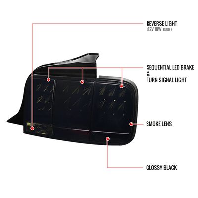 2005-2009 Ford Mustang Sequential LED Tail Lights Glossy Black/Smoke Lens